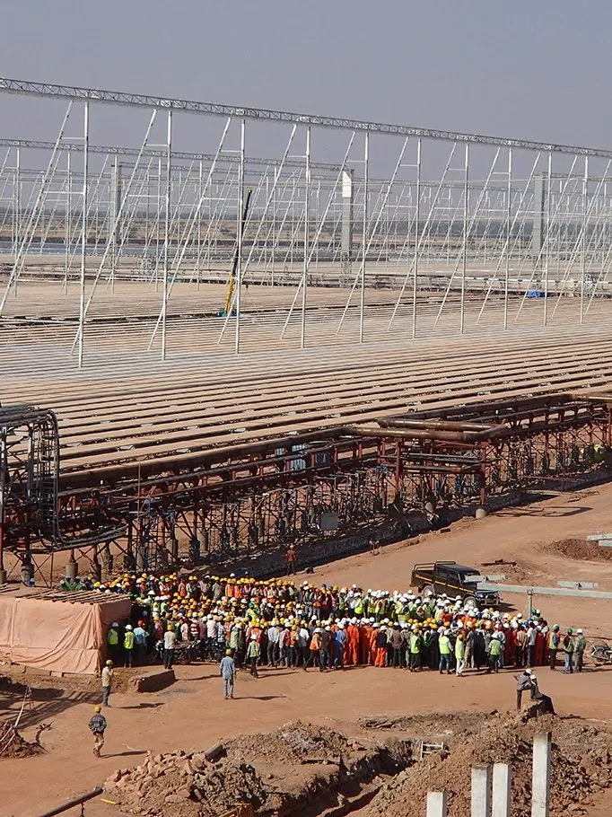 Aerial view of a concentrated solar power plant in Rajasthan, India.