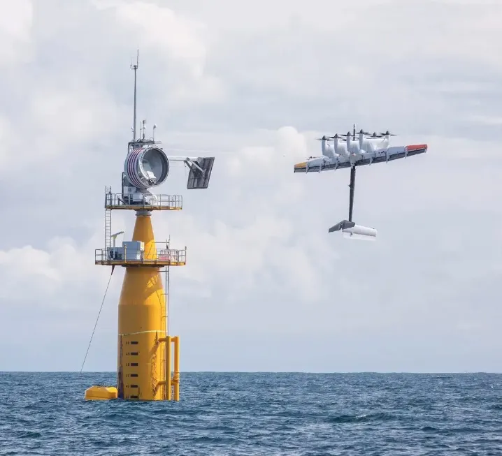 Makani energy kite flying near an offshore test platform.