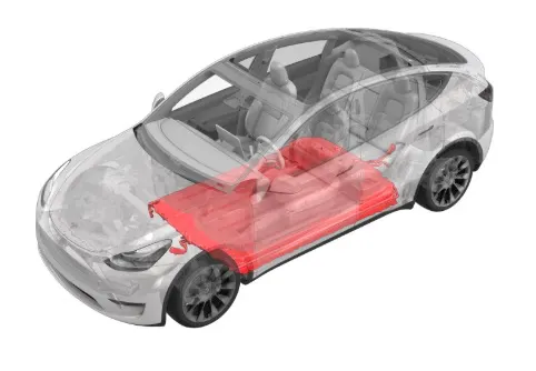 Transparent electric vehicle rendering showing a red high-voltage battery pack in the floor.