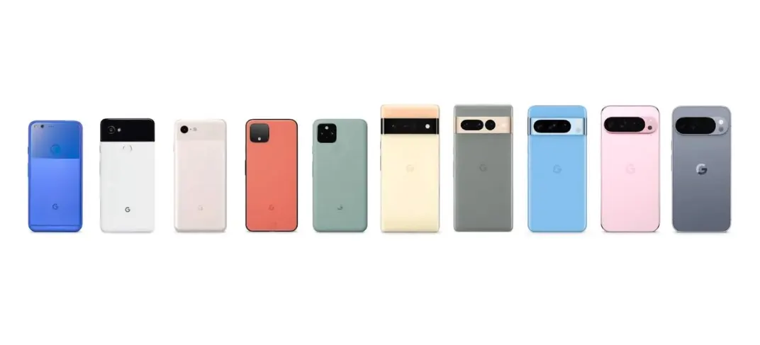 Lineup of ten generations of Google Pixel phones in multiple colors.