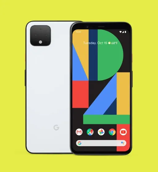 Google Pixel 4 phones in white, orange, and black.
